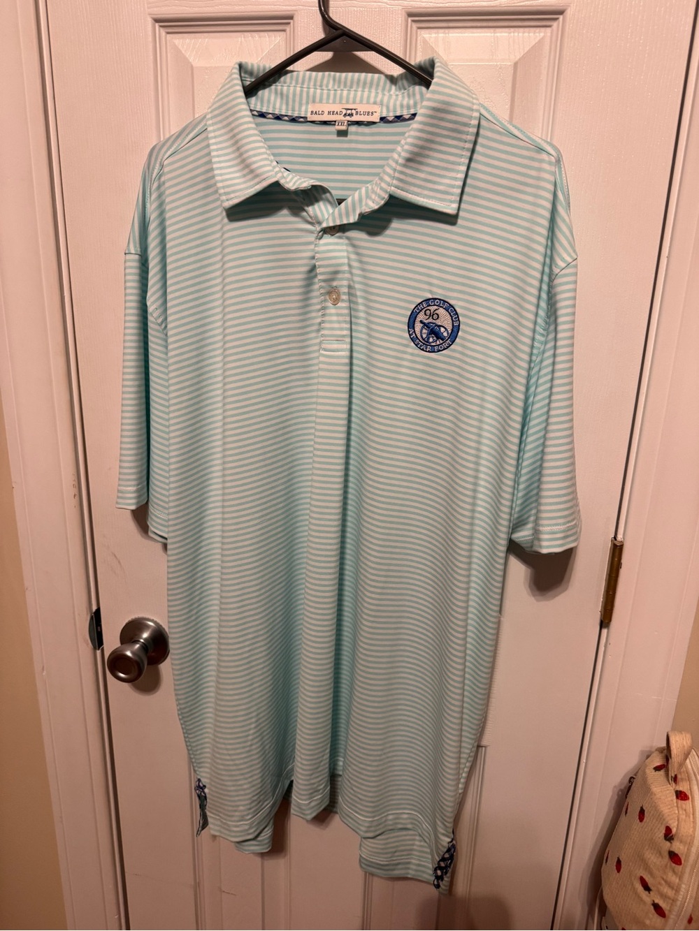 Relaxed Fit Light Aqua Striped Polo with Golf Crest 2X